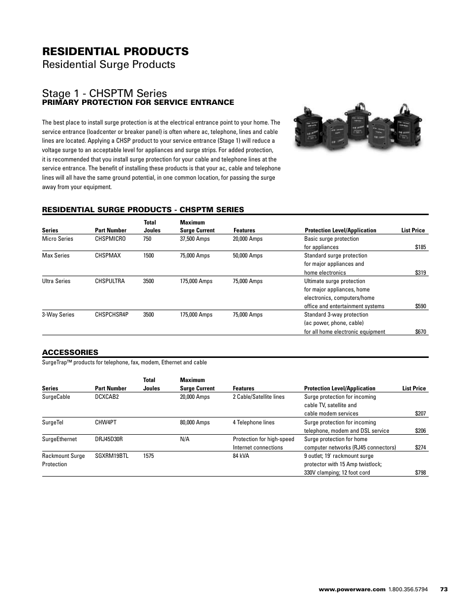 Stage 1 - chsptm series, Residential products residential surge products | Powerware E.T.N 1500 VA - 60kVa User Manual | Page 75 / 120