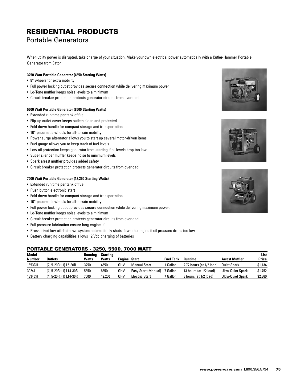 Residential products portable generators | Powerware E.T.N 1500 VA - 60kVa User Manual | Page 77 / 120