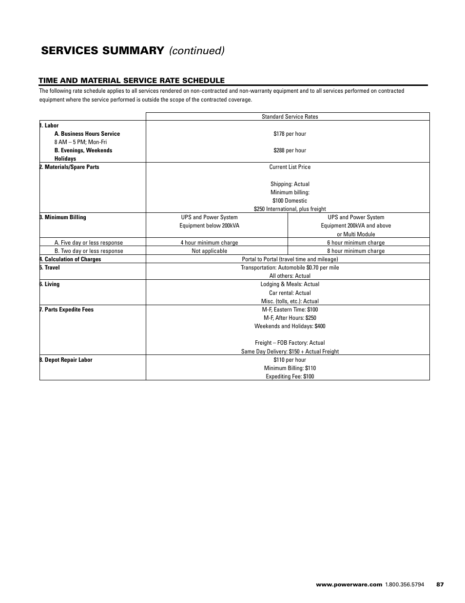 Services summary (continued) | Powerware E.T.N 1500 VA - 60kVa User Manual | Page 89 / 120
