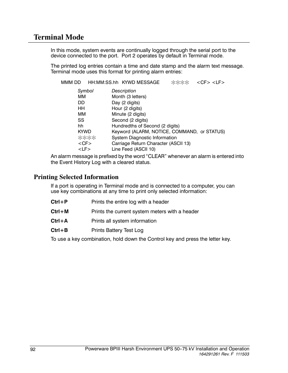 Terminal mode, Printing selected information | Powerware 5075 kVA User Manual | Page 100 / 162