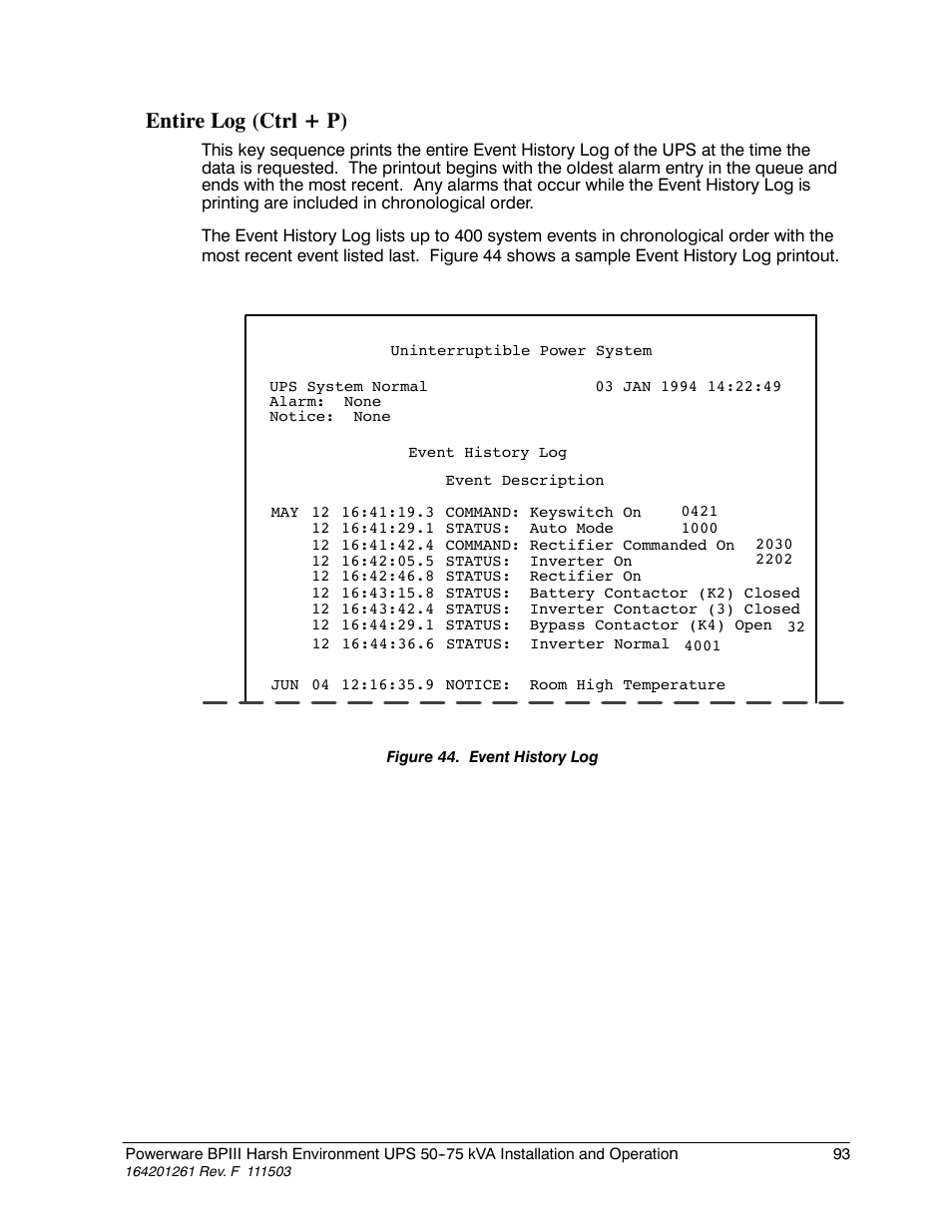 Entire log (ctrl + p) | Powerware 5075 kVA User Manual | Page 101 / 162