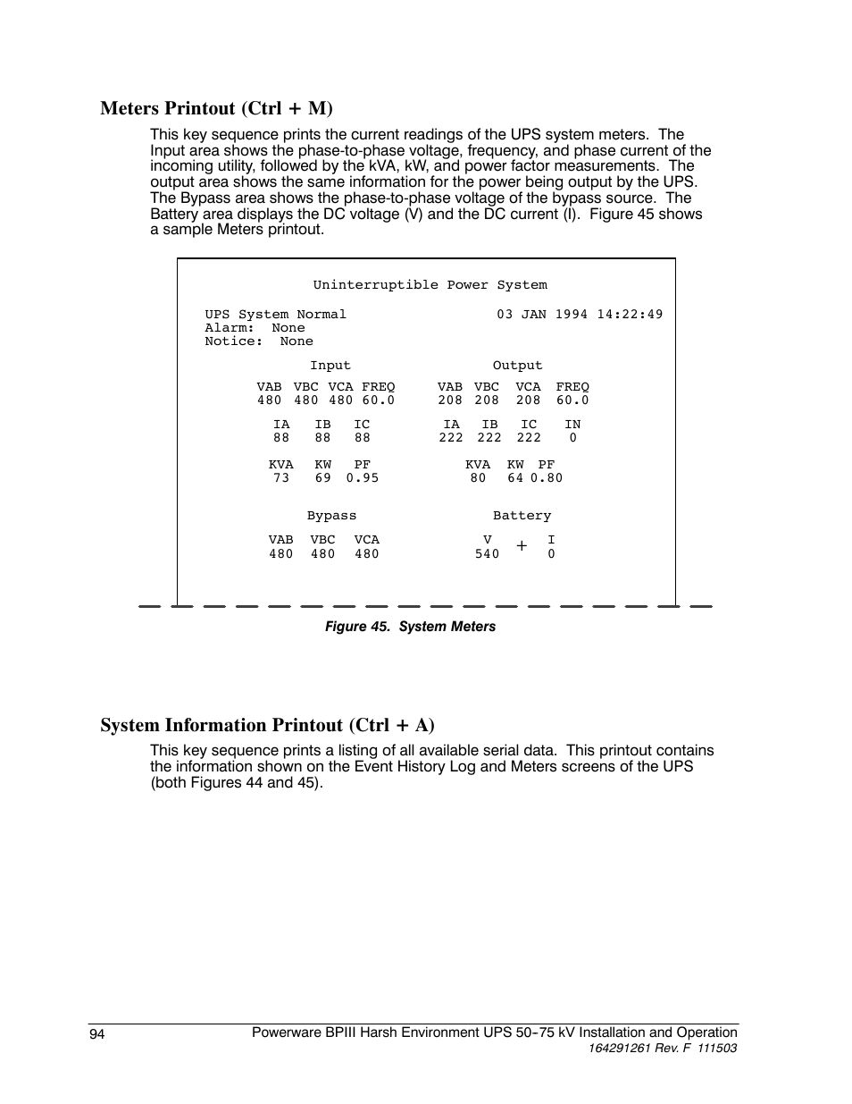 Meters printout (ctrl + m), System information printout (ctrl + a) | Powerware 5075 kVA User Manual | Page 102 / 162