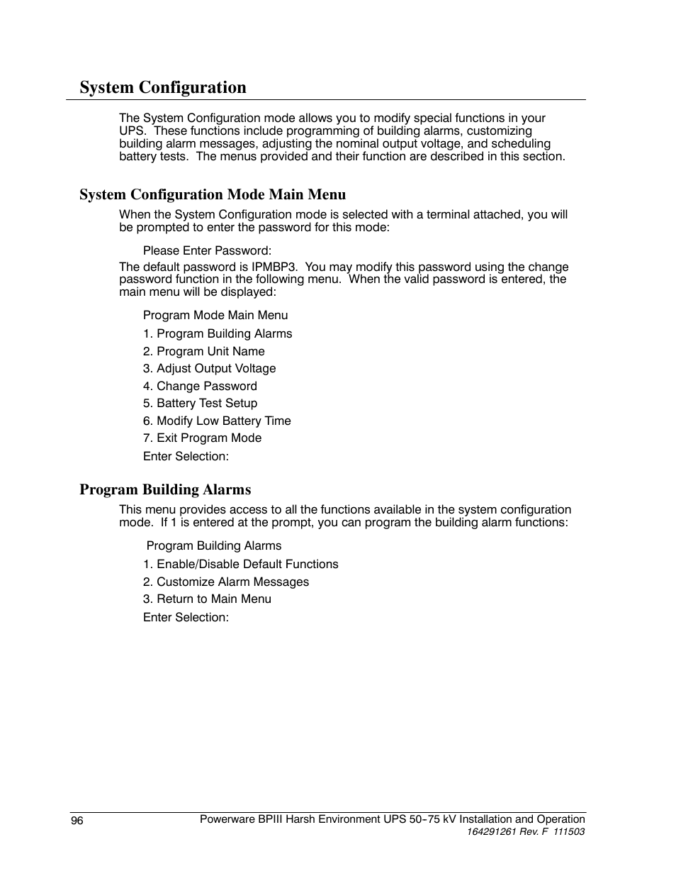 System configuration, System configuration mode main menu, Program building alarms | Powerware 5075 kVA User Manual | Page 104 / 162