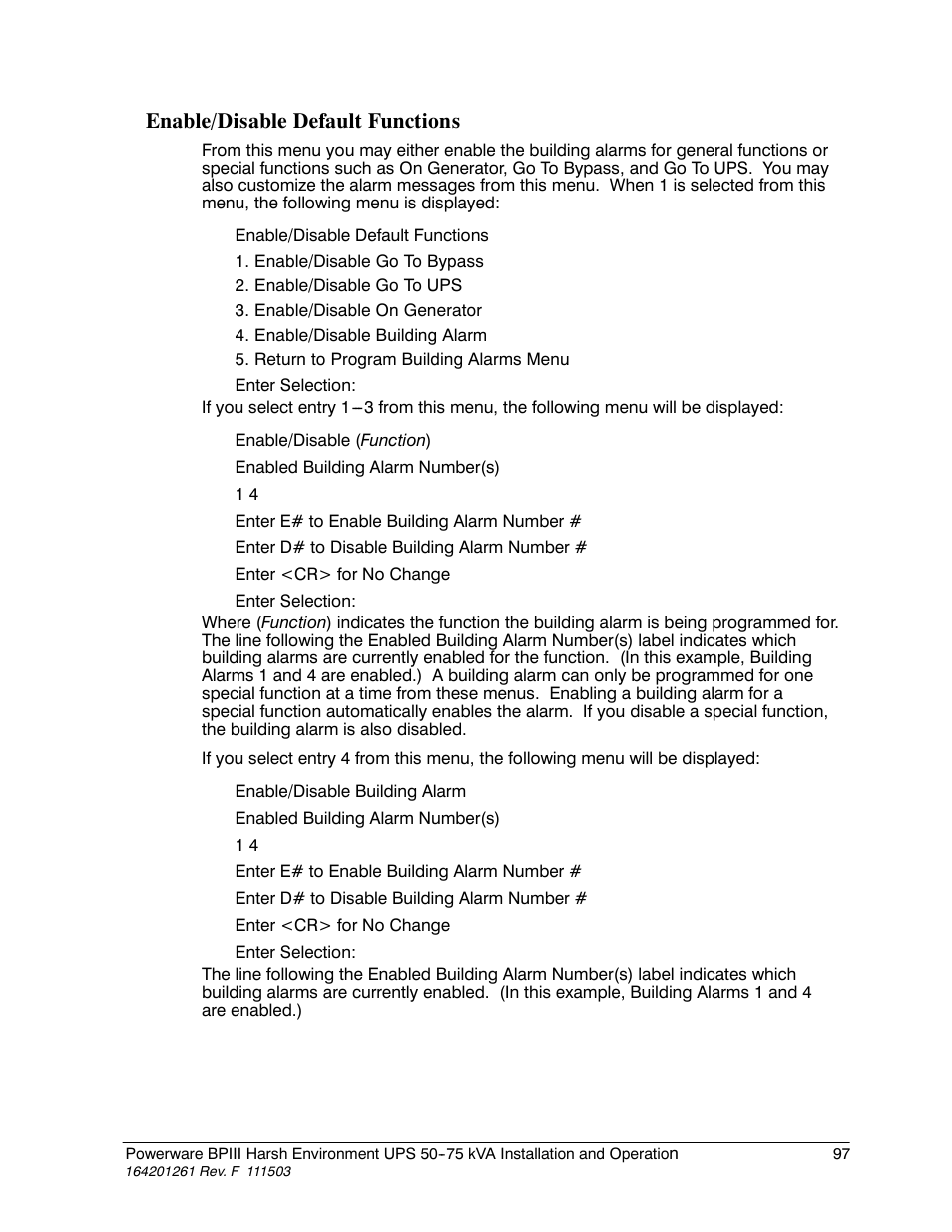 Enable/disable default functions | Powerware 5075 kVA User Manual | Page 105 / 162
