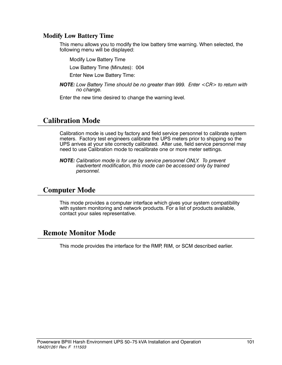 Calibration mode, Computer mode, Remote monitor mode | Powerware 5075 kVA User Manual | Page 109 / 162