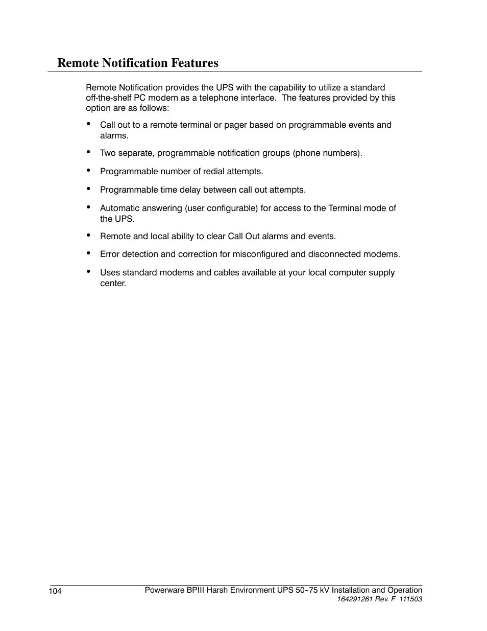 Remote notification features | Powerware 5075 kVA User Manual | Page 112 / 162