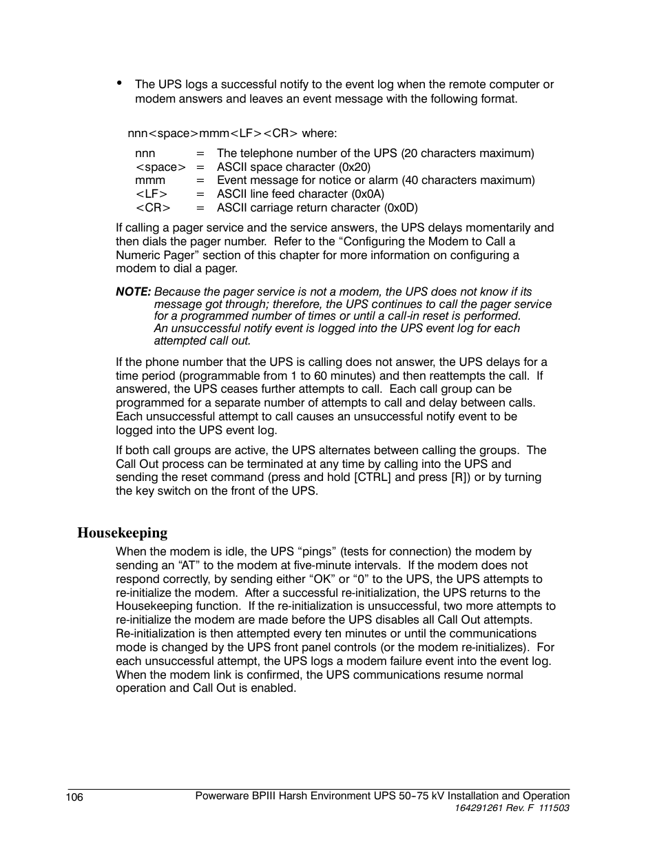 Housekeeping | Powerware 5075 kVA User Manual | Page 114 / 162