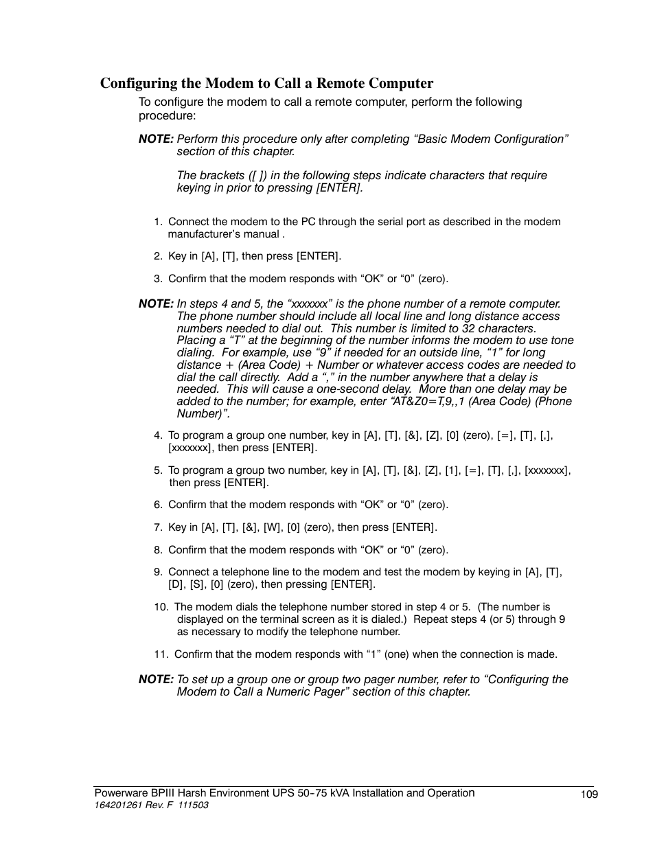 Configuring the modem to call a remote computer | Powerware 5075 kVA User Manual | Page 117 / 162