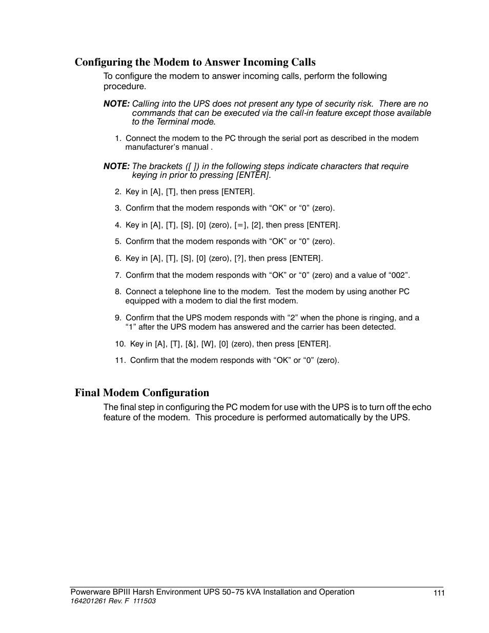 Configuring the modem to answer incoming calls, Final modem configuration | Powerware 5075 kVA User Manual | Page 119 / 162