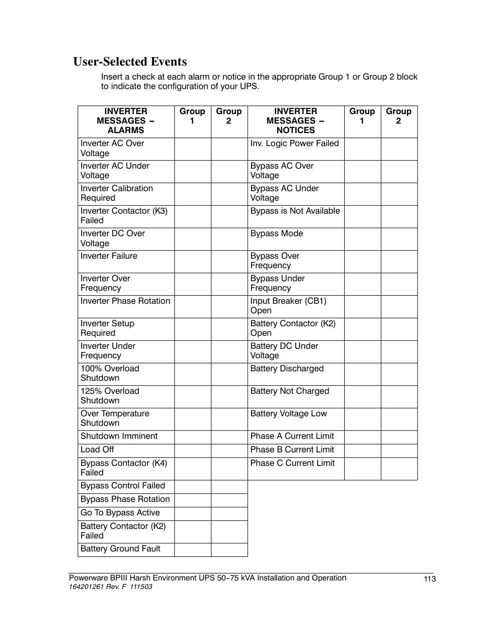 User-selected events | Powerware 5075 kVA User Manual | Page 121 / 162