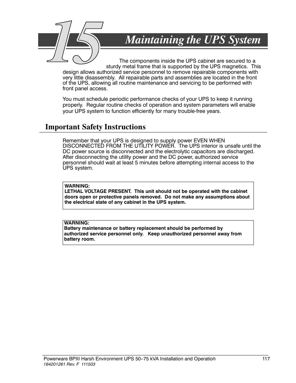 Chapter 15 maintaining the ups system, Maintaining the ups system, Important safety instructions | Powerware 5075 kVA User Manual | Page 125 / 162
