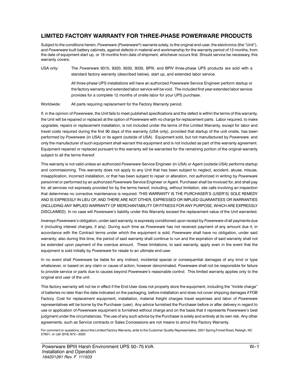 Warranty | Powerware 5075 kVA User Manual | Page 159 / 162