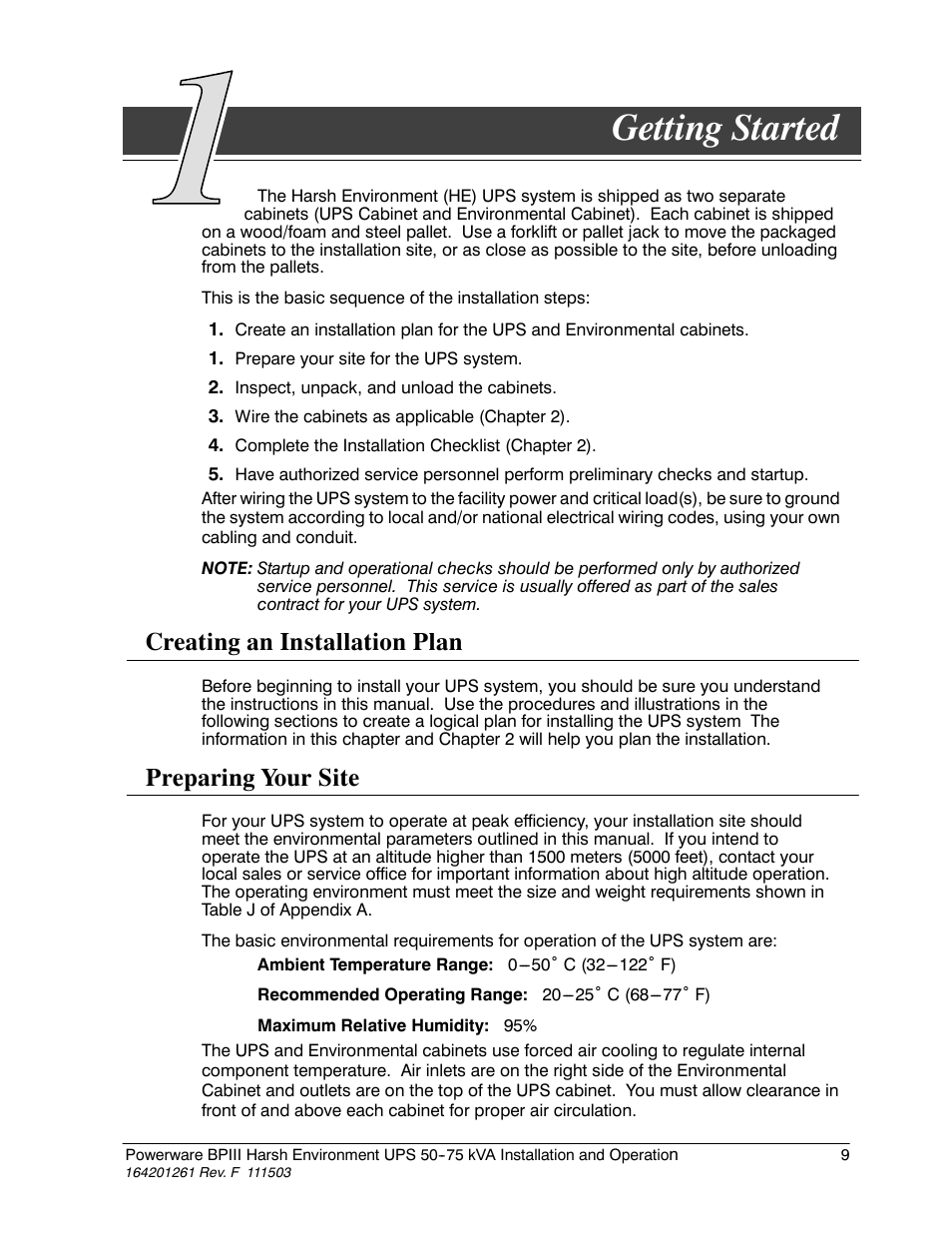 Chapter 1 getting started, Getting started, Creating an installation plan | Preparing your site | Powerware 5075 kVA User Manual | Page 17 / 162