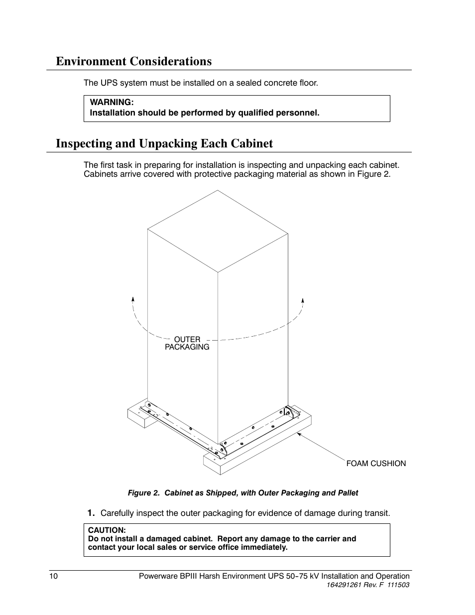 Environment considerations, Inspecting and unpacking each cabinet | Powerware 5075 kVA User Manual | Page 18 / 162