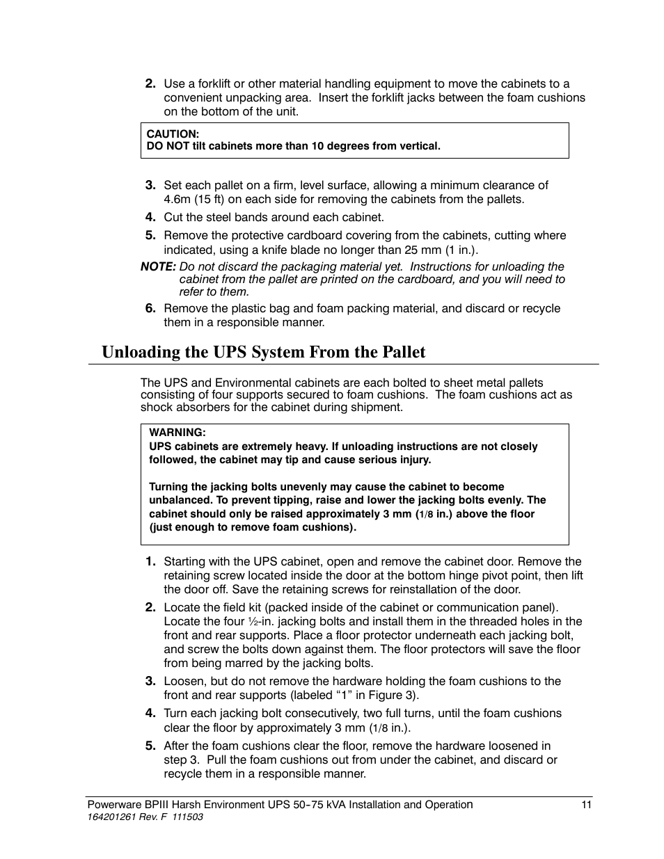 Unloading the ups system from the pallet | Powerware 5075 kVA User Manual | Page 19 / 162