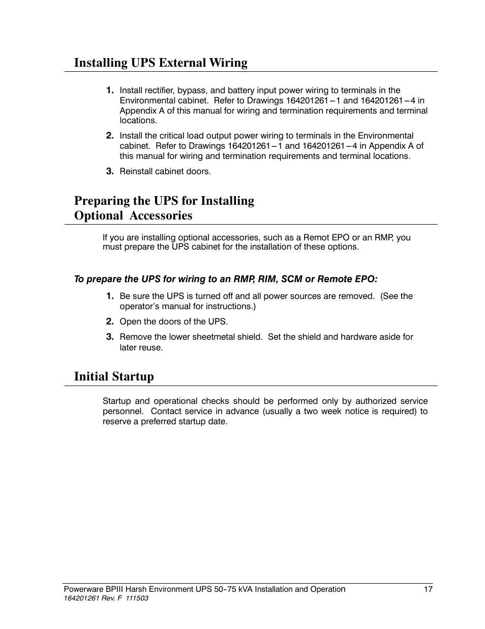 Installing ups external wiring, Initial startup | Powerware 5075 kVA User Manual | Page 25 / 162