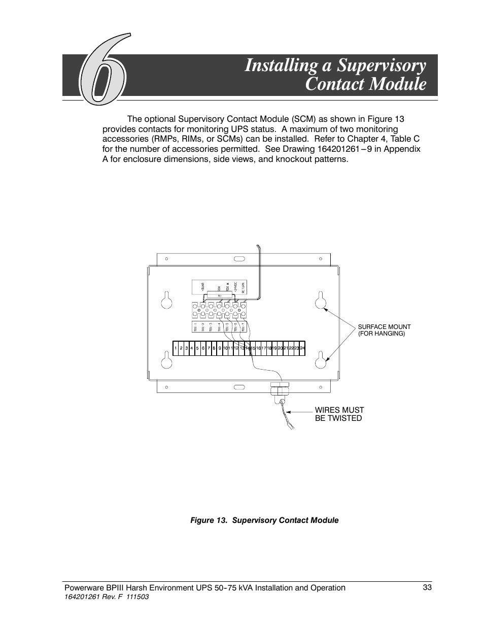 Chapter 6 installing a supervisory contact module, Installing a supervisory contact module | Powerware 5075 kVA User Manual | Page 41 / 162