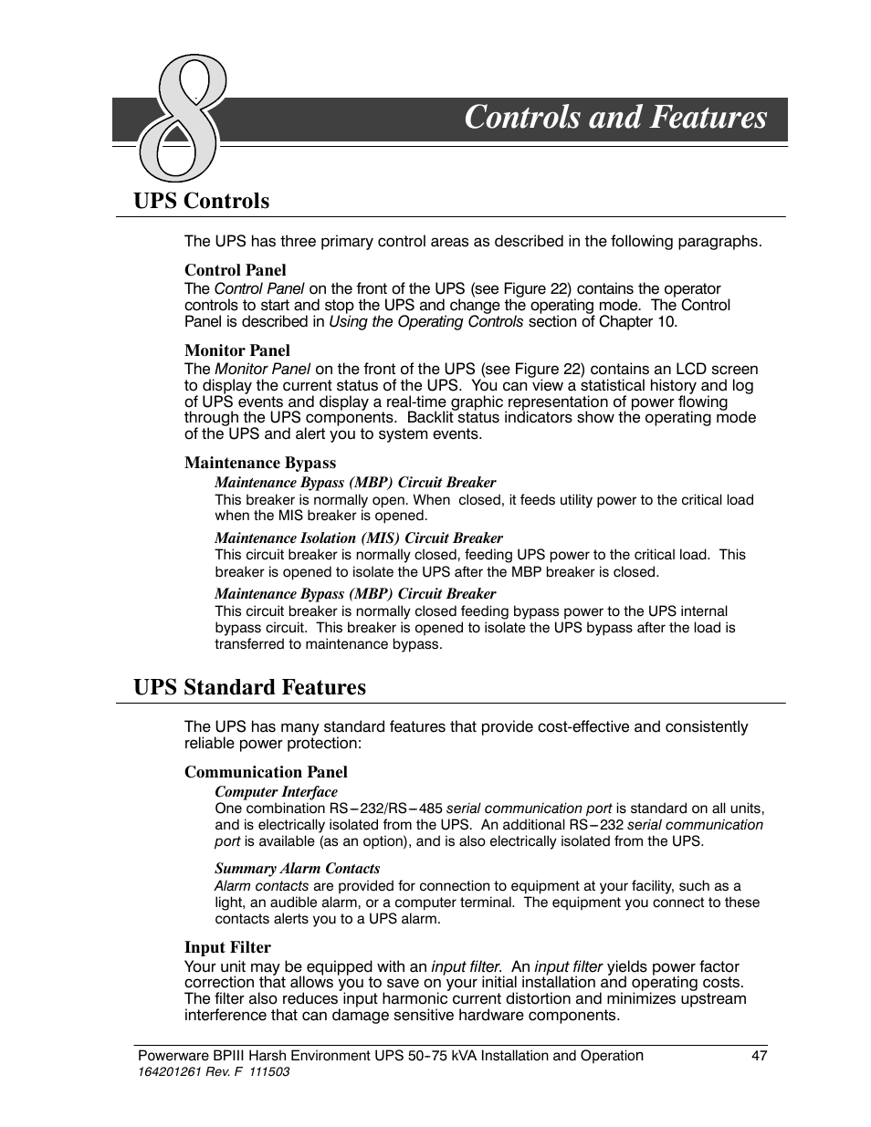 Chapter 8 controls and features, Controls and features, Ups controls | Ups standard features | Powerware 5075 kVA User Manual | Page 55 / 162