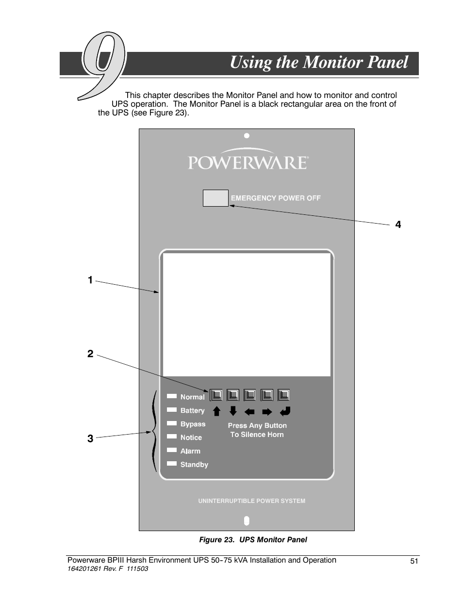 Chapter 9 using the monitor panel, Using the monitor panel | Powerware 5075 kVA User Manual | Page 59 / 162