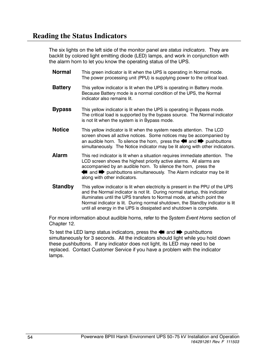 Reading the status indicators | Powerware 5075 kVA User Manual | Page 62 / 162