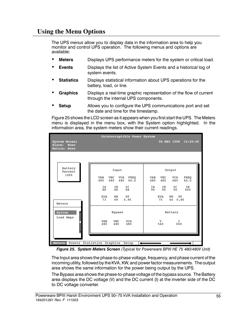 Using the menu options | Powerware 5075 kVA User Manual | Page 63 / 162