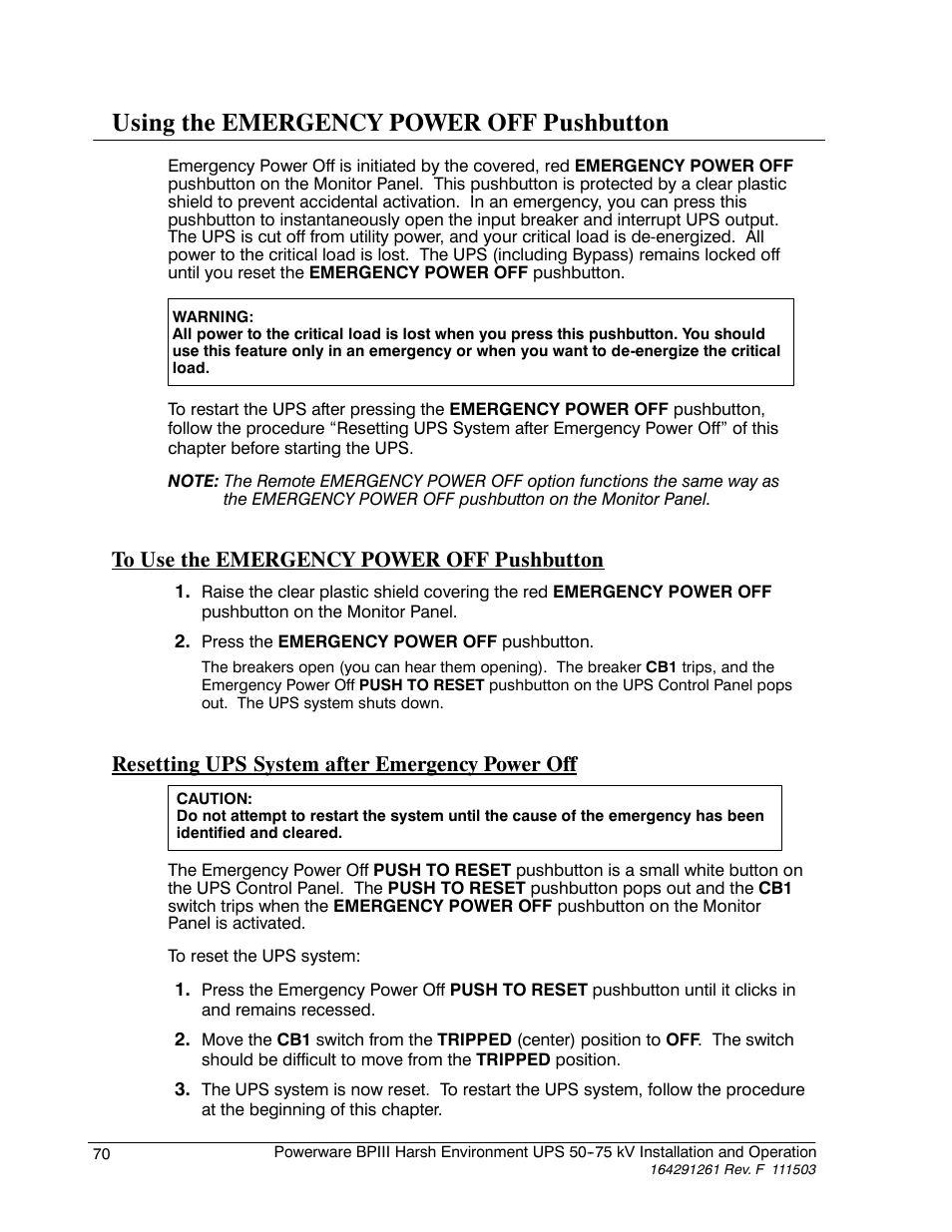 Using the emergency power off pushbutton, Resetting ups system after emergency power off | Powerware 5075 kVA User Manual | Page 78 / 162