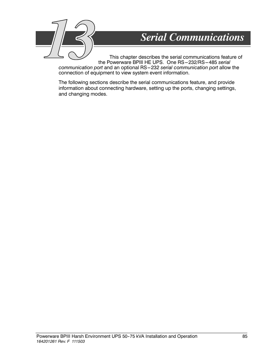 Chapter 13 serial communications, Serial communications | Powerware 5075 kVA User Manual | Page 93 / 162