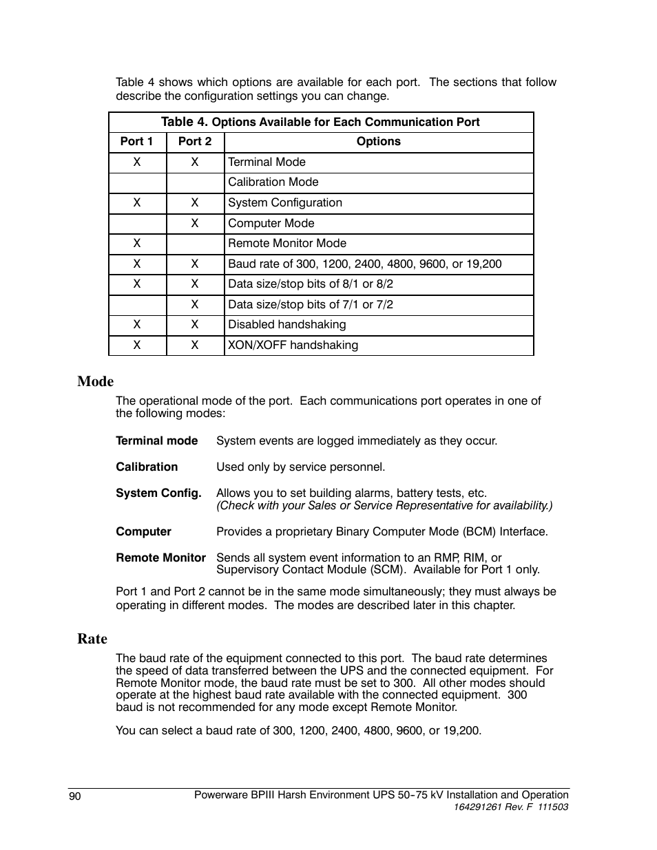 Mode, Rate | Powerware 5075 kVA User Manual | Page 98 / 162
