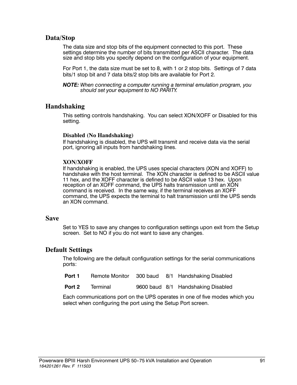 Data/stop, Handshaking, Save | Default settings | Powerware 5075 kVA User Manual | Page 99 / 162