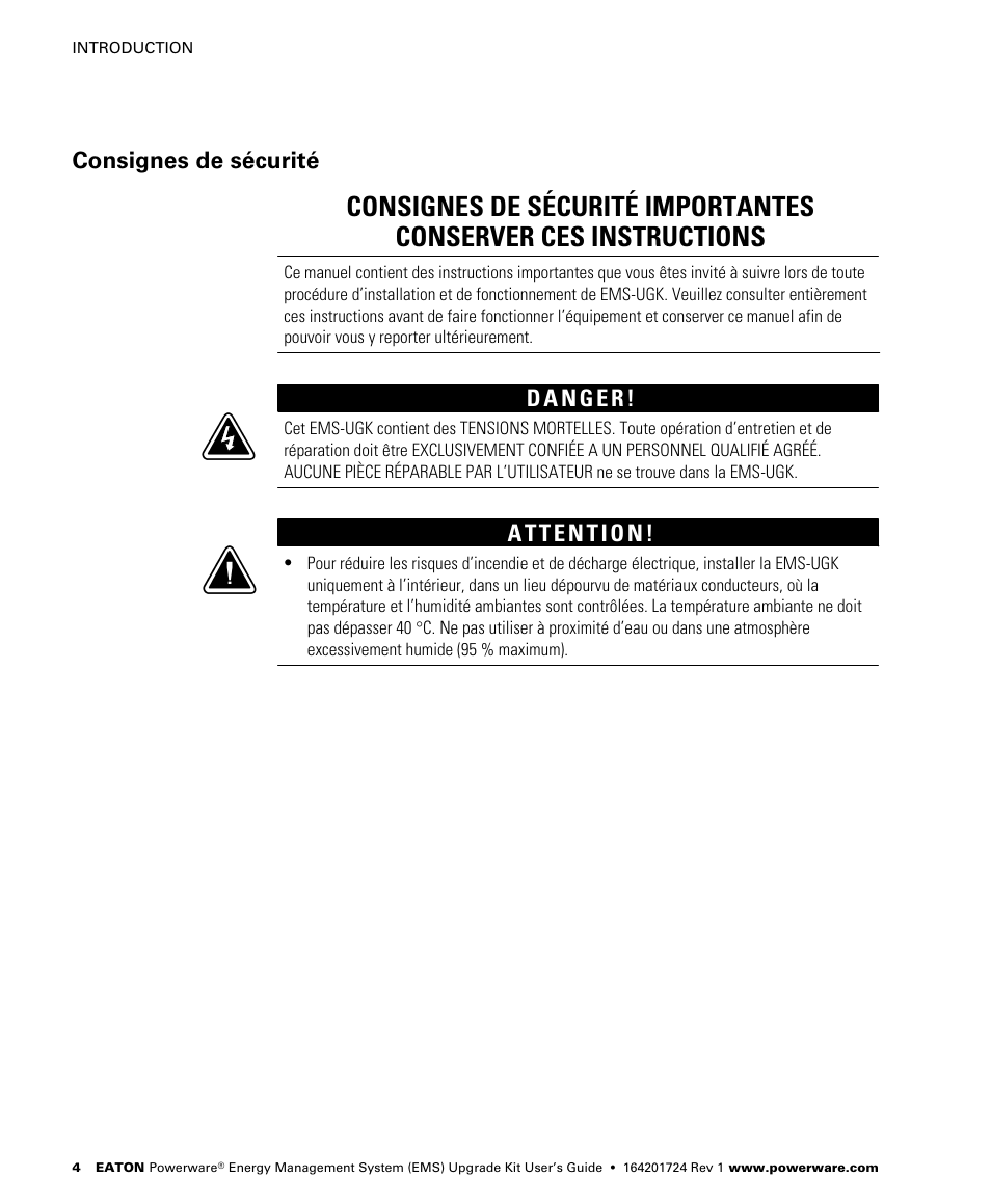 Consignes de sécurité | Powerware 208/120V User Manual | Page 10 / 72