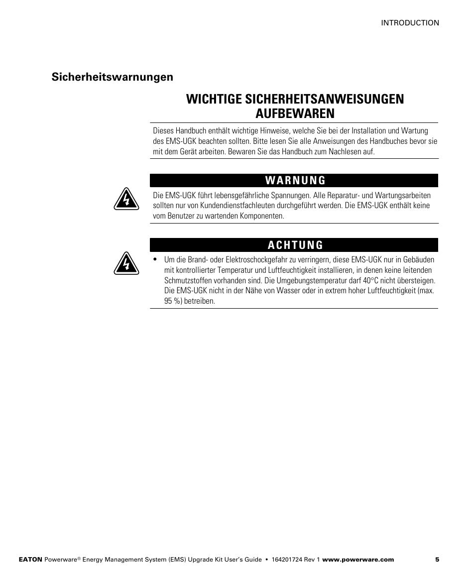 Wichtige sicherheitsanweisungen aufbewaren, Sicherheitswarnungen | Powerware 208/120V User Manual | Page 11 / 72