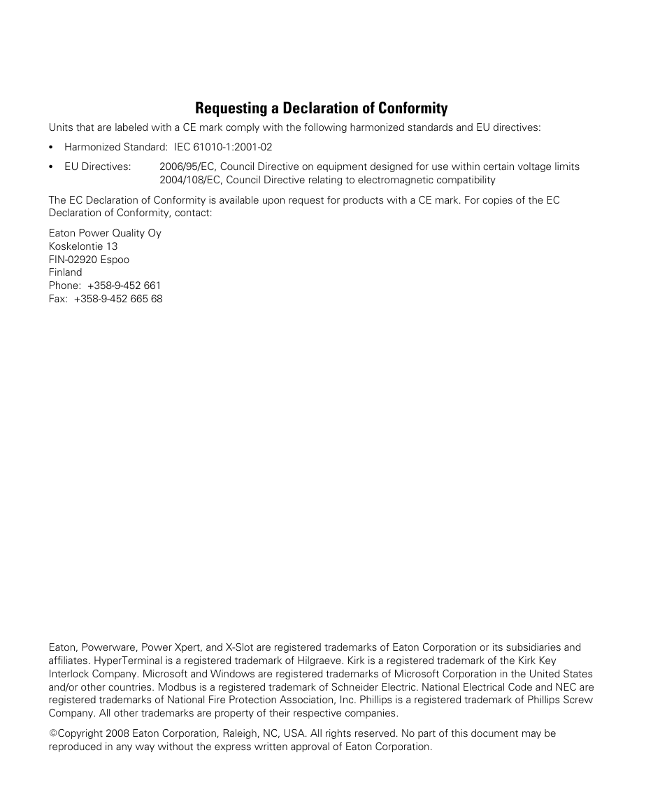 Requesting a declaration of conformity | Powerware 208/120V User Manual | Page 2 / 72