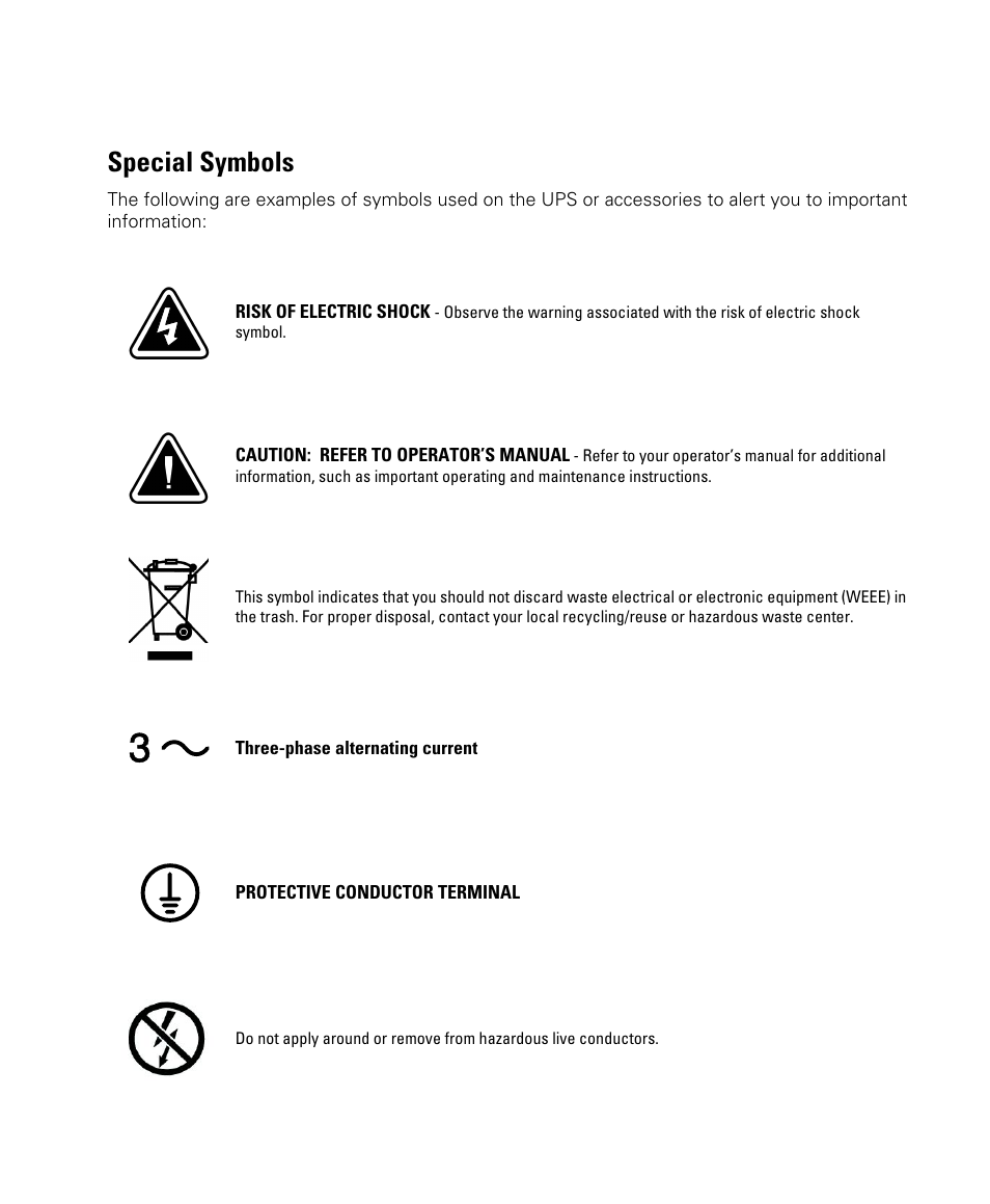 Special symbols | Powerware 208/120V User Manual | Page 3 / 72