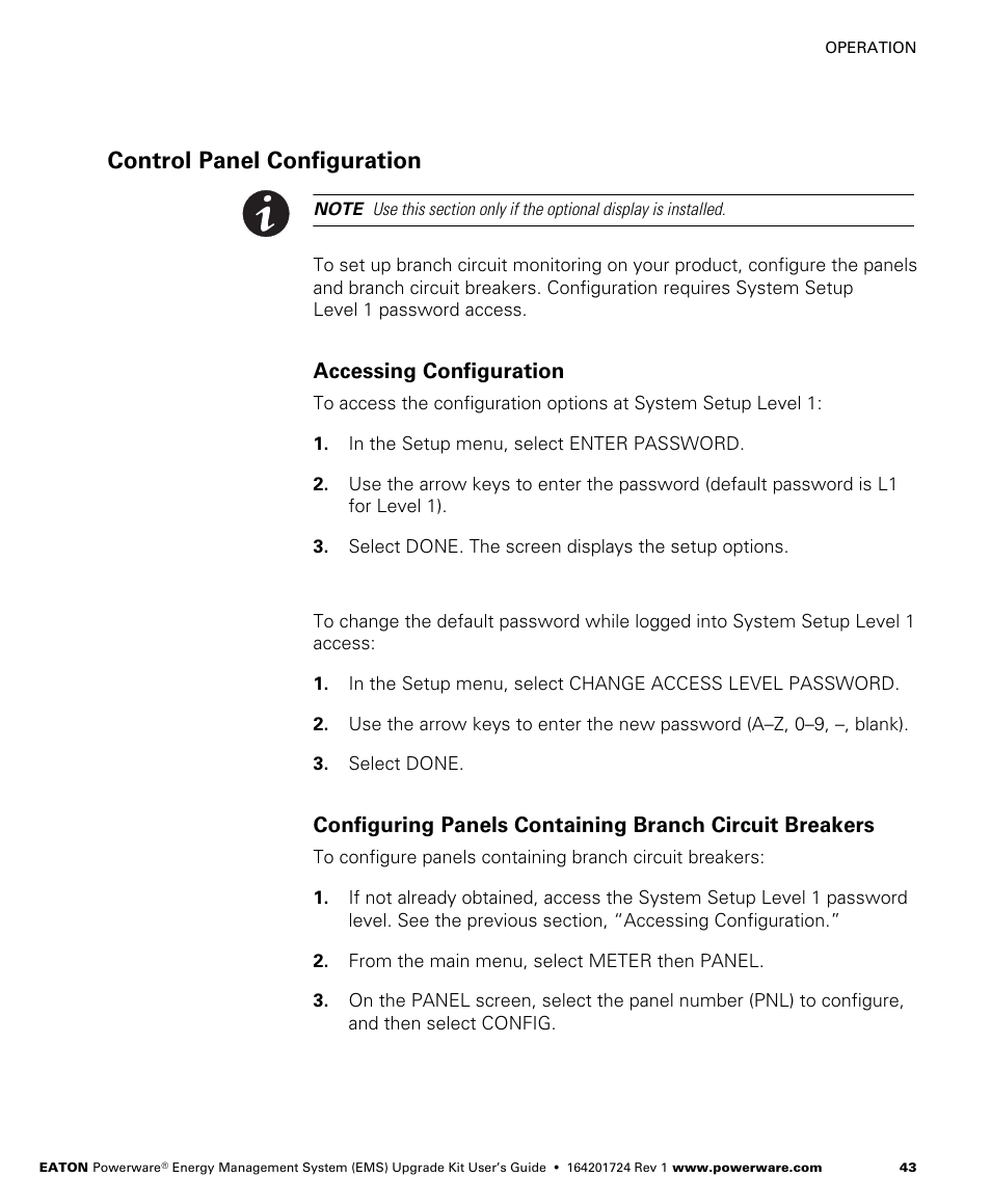 Control panel configuration, Accessing configuration | Powerware 208/120V User Manual | Page 49 / 72