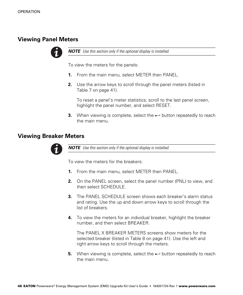 Viewing panel meters, Viewing breaker meters | Powerware 208/120V User Manual | Page 54 / 72