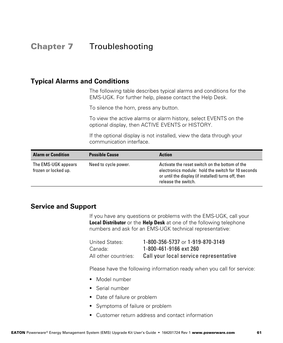 Chapter 7 troubleshooting, Typical alarms and conditions, Service and support | Troubleshooting | Powerware 208/120V User Manual | Page 67 / 72