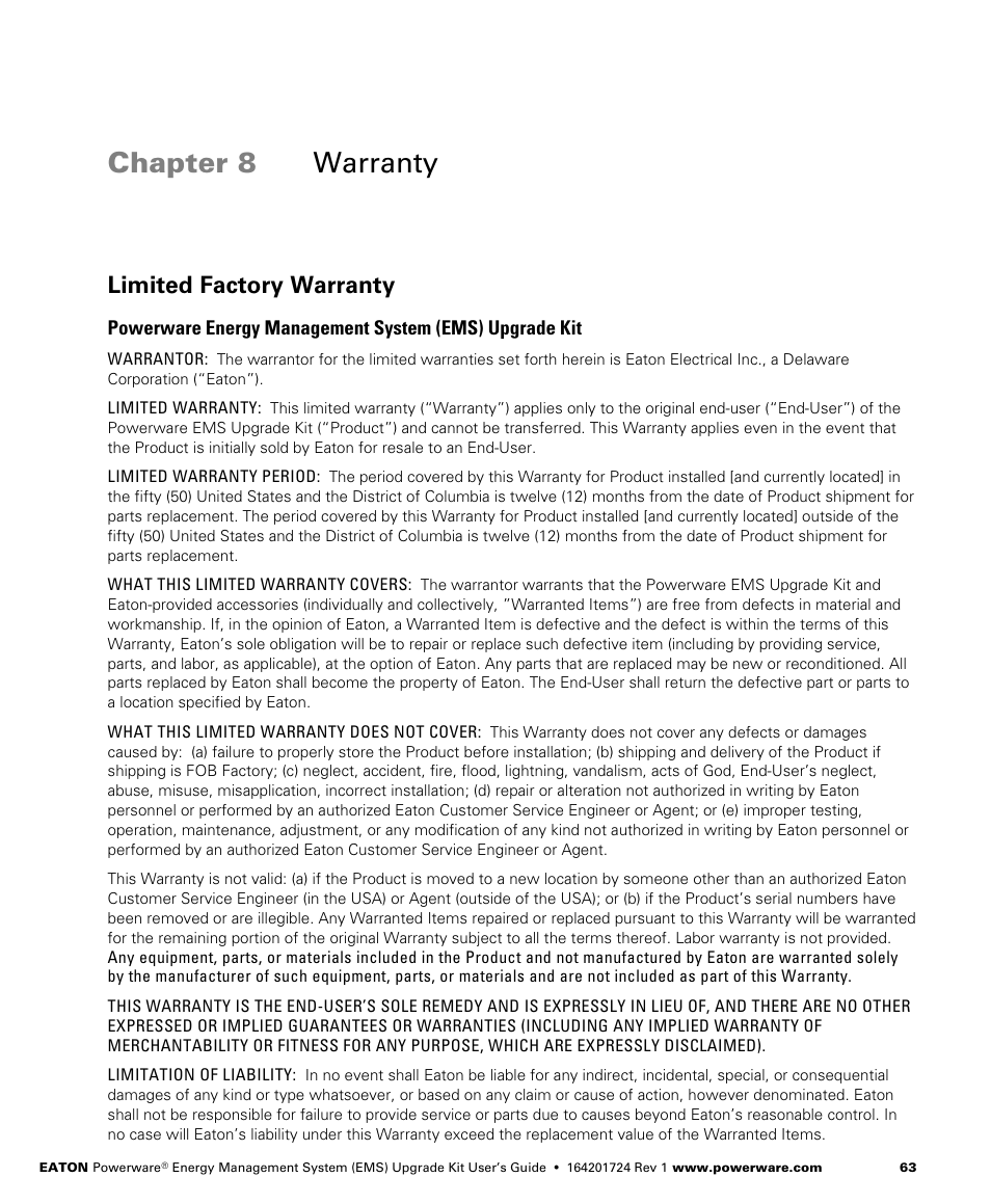 Chapter 8 warranty, Warranty, Limited factory warranty | Powerware 208/120V User Manual | Page 69 / 72