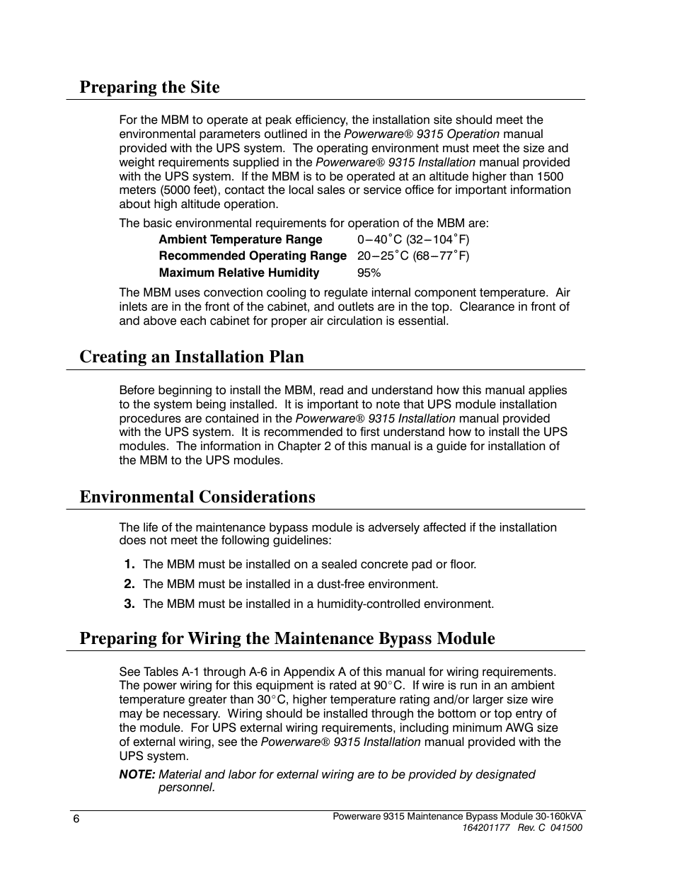 Preparing the site, Creating an installation plan, Environmental considerations | Preparing for wiring the maintenance bypass module | Powerware 30-160kVA User Manual | Page 10 / 48