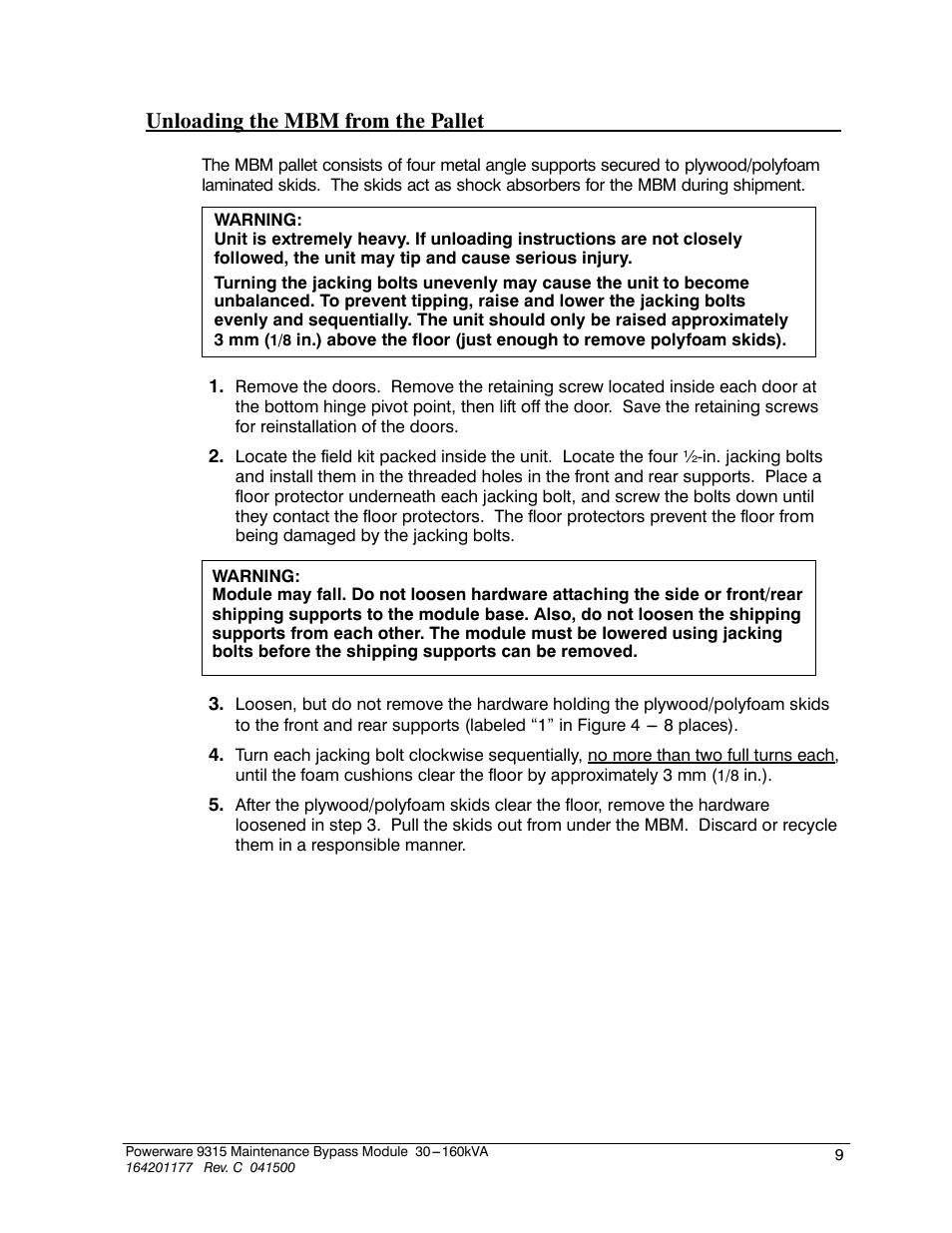 Unloading the mbm from the pallet | Powerware 30-160kVA User Manual | Page 13 / 48