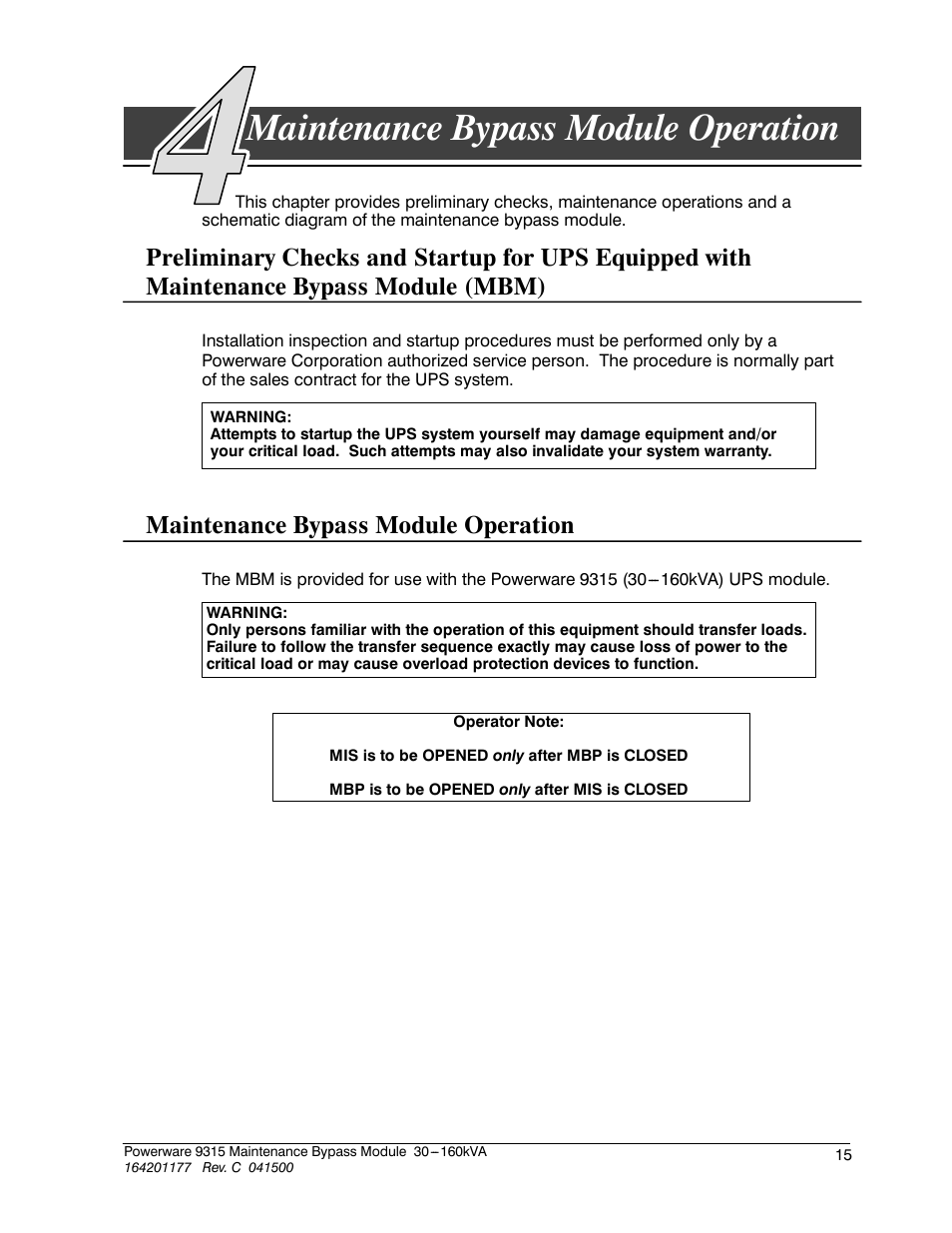 Chapter 4 maintenance bypass module operation, Maintenance bypass module operation | Powerware 30-160kVA User Manual | Page 19 / 48