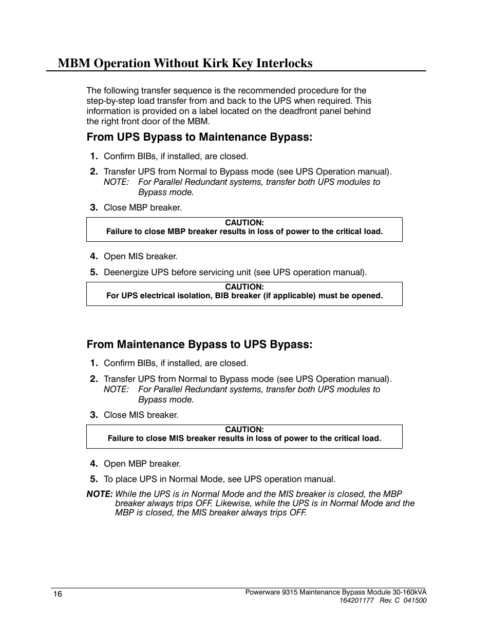 Mbm operation without kirk key interlocks | Powerware 30-160kVA User Manual | Page 20 / 48