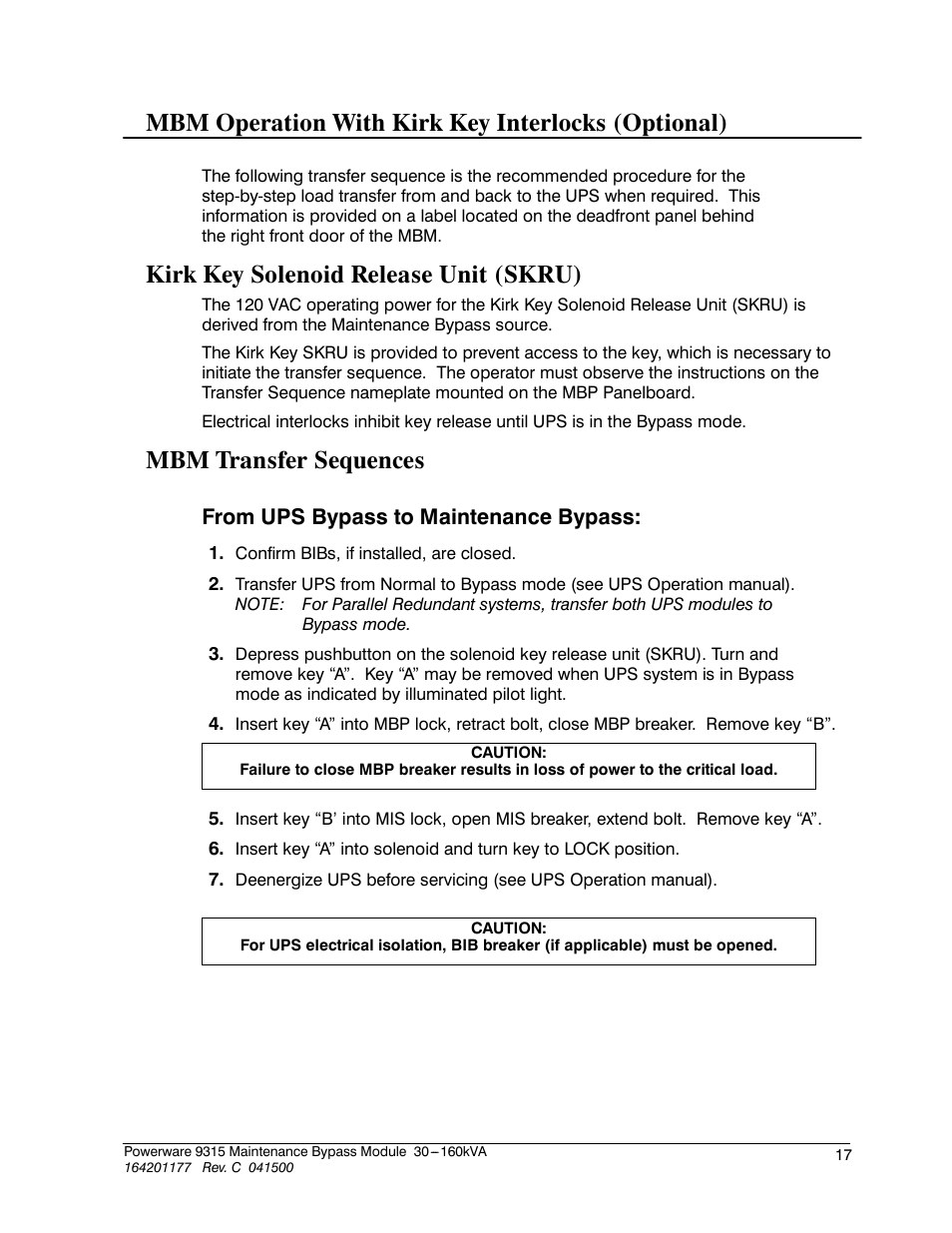 Mbm operation with kirk key interlocks (optional), Kirk key solenoid release unit (skru), Mbm transfer sequences | Powerware 30-160kVA User Manual | Page 21 / 48