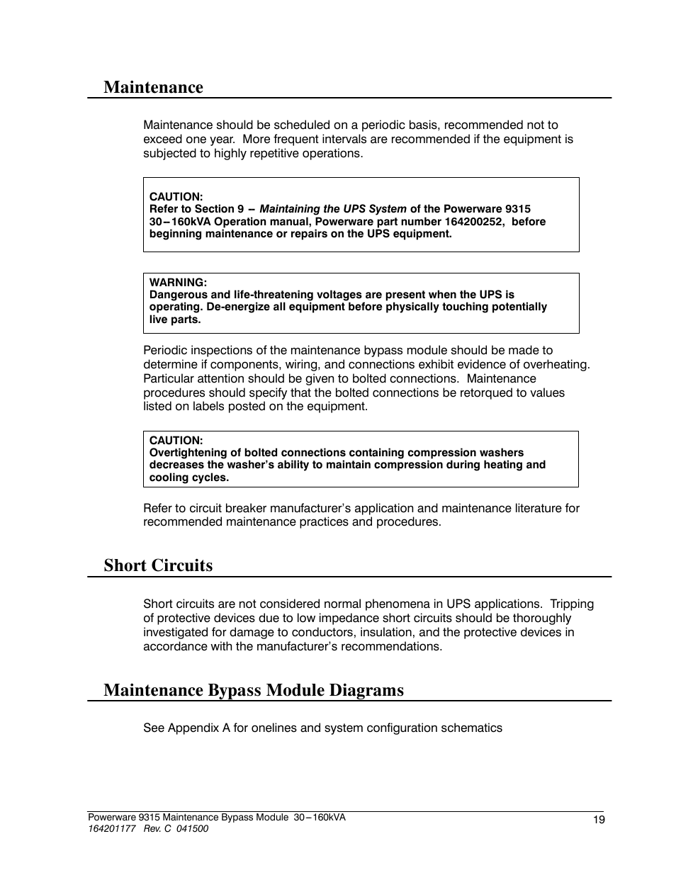 Maintenance, Short circuits, Maintenance bypass module diagrams | Powerware 30-160kVA User Manual | Page 23 / 48