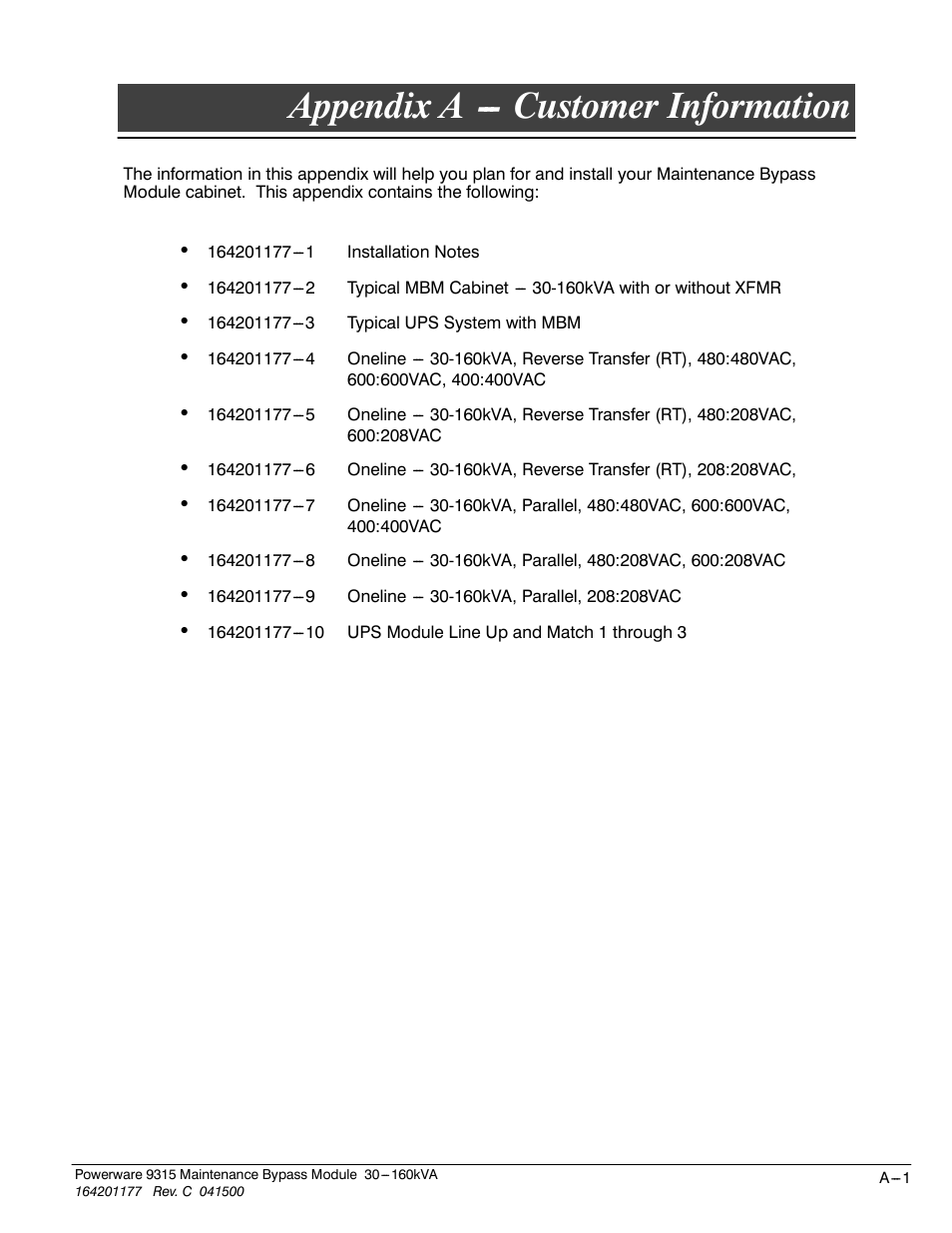 Appendix a - customer information, Appendix a --- customer information | Powerware 30-160kVA User Manual | Page 25 / 48