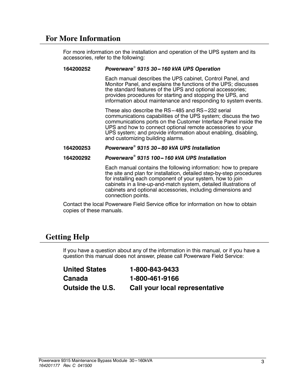 For more information, Getting help | Powerware 30-160kVA User Manual | Page 7 / 48