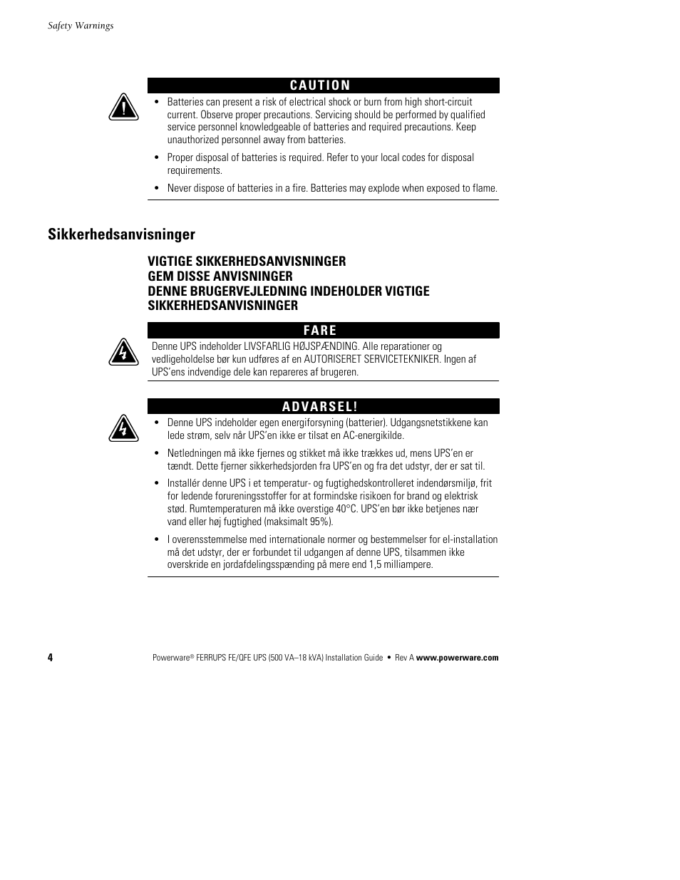 Sikkerhedsanvisninger | Powerware Ferrups FE/QFE 500VA User Manual | Page 10 / 76