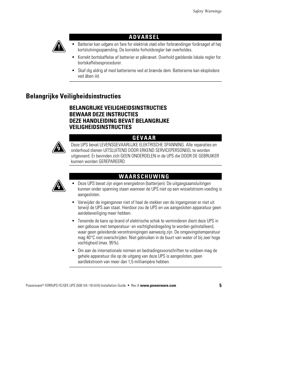 Belangrijke veiligheidsinstructies | Powerware Ferrups FE/QFE 500VA User Manual | Page 11 / 76