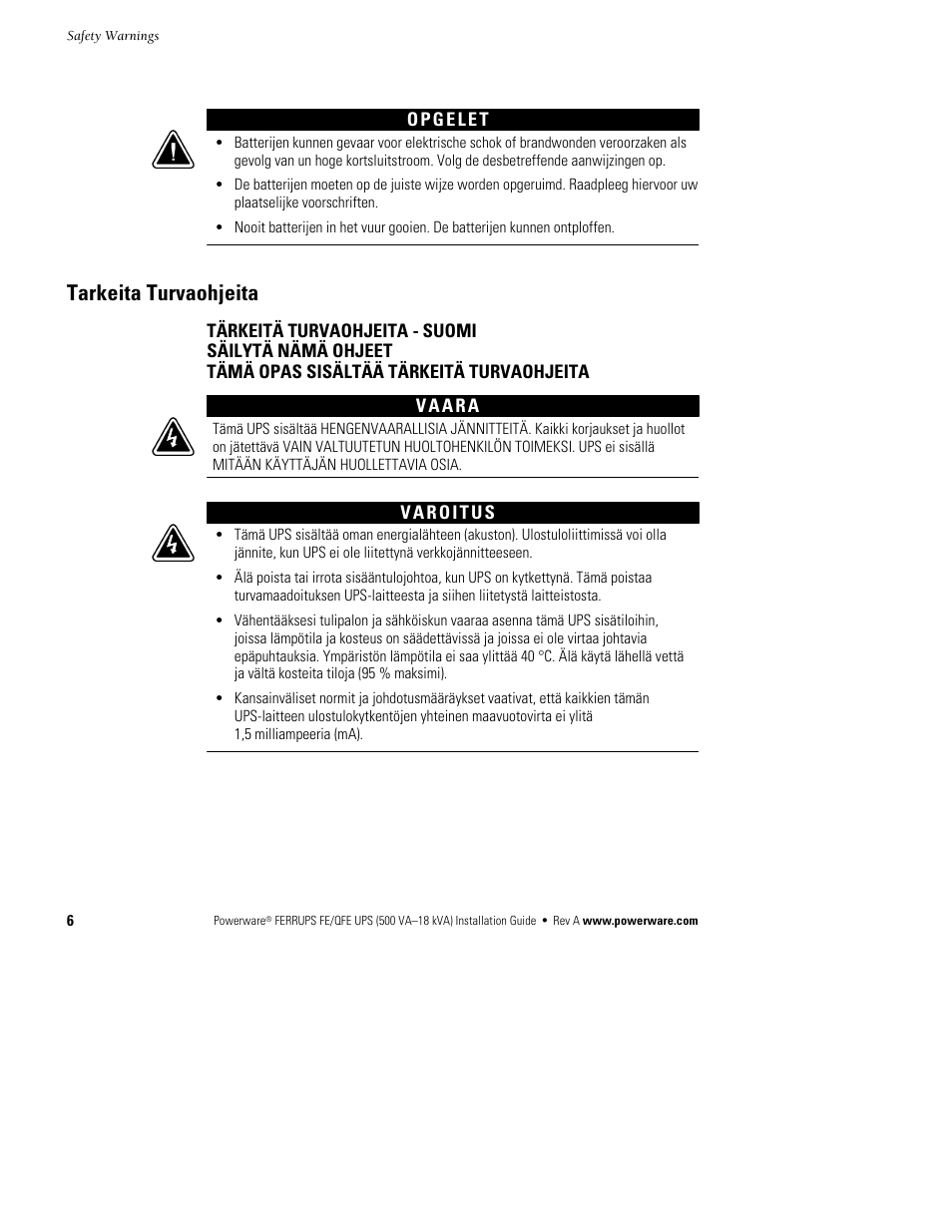Tarkeita turvaohjeita | Powerware Ferrups FE/QFE 500VA User Manual | Page 12 / 76