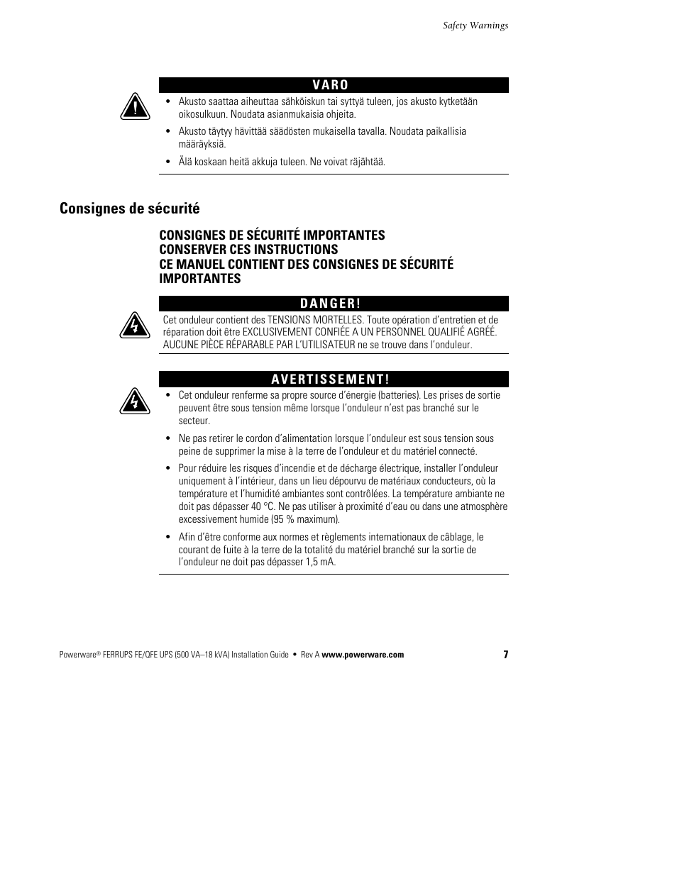 Consignes de sécurité | Powerware Ferrups FE/QFE 500VA User Manual | Page 13 / 76