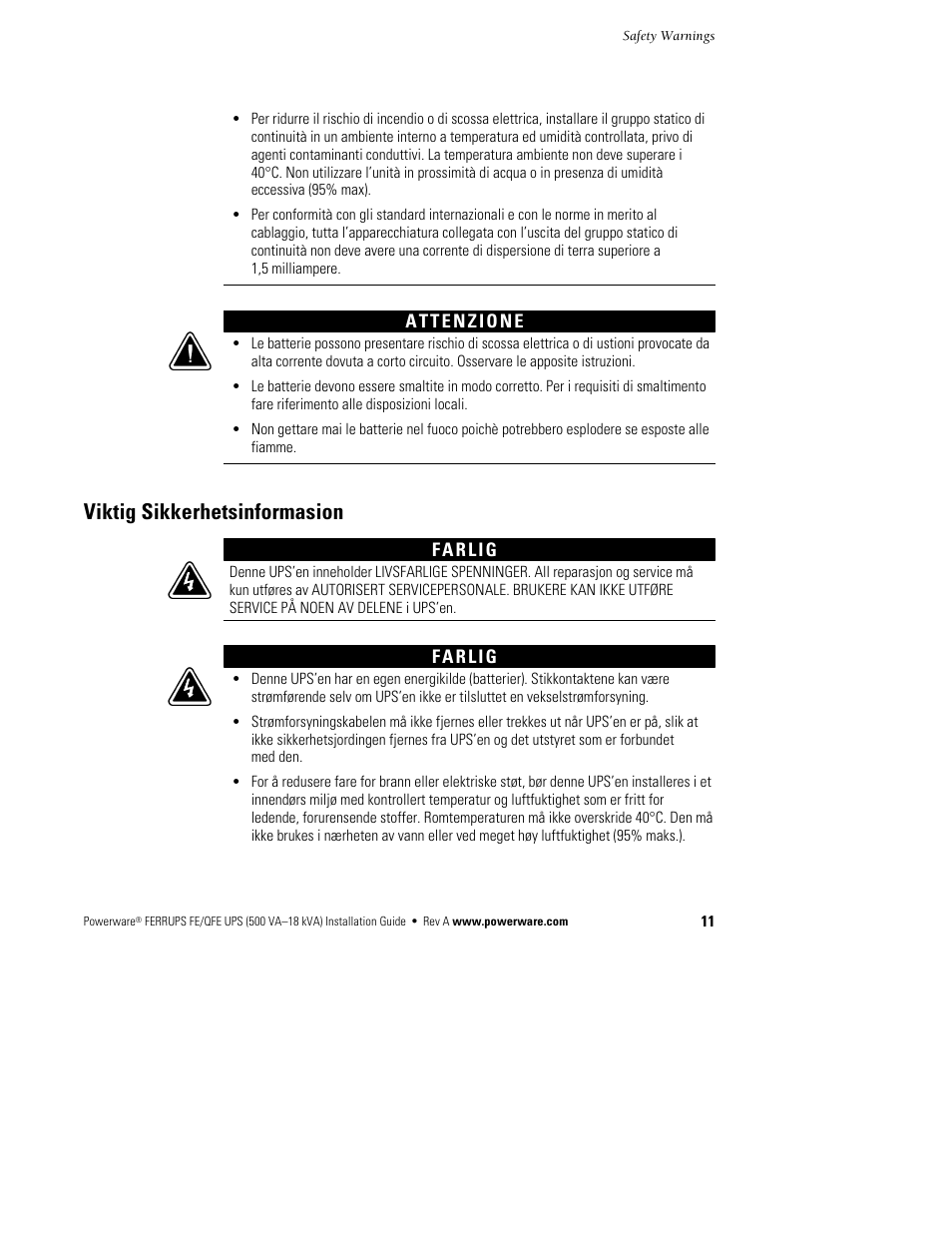 Viktig sikkerhetsinformasion | Powerware Ferrups FE/QFE 500VA User Manual | Page 17 / 76